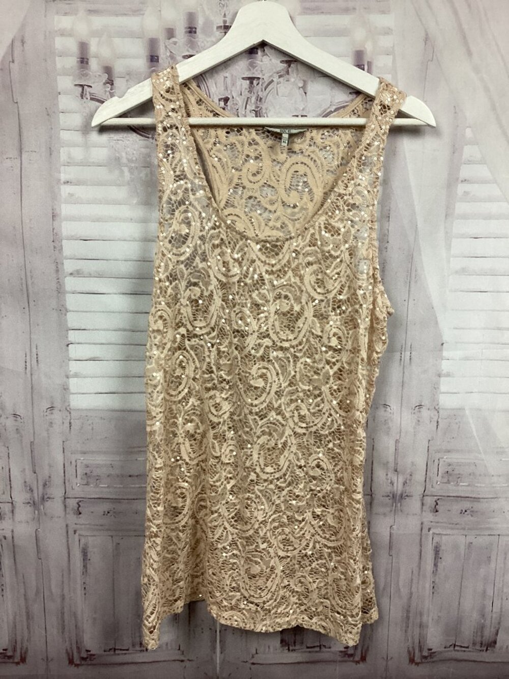 BKE Lace Tank Top Sheer Sequins Light Tan Cream XL
